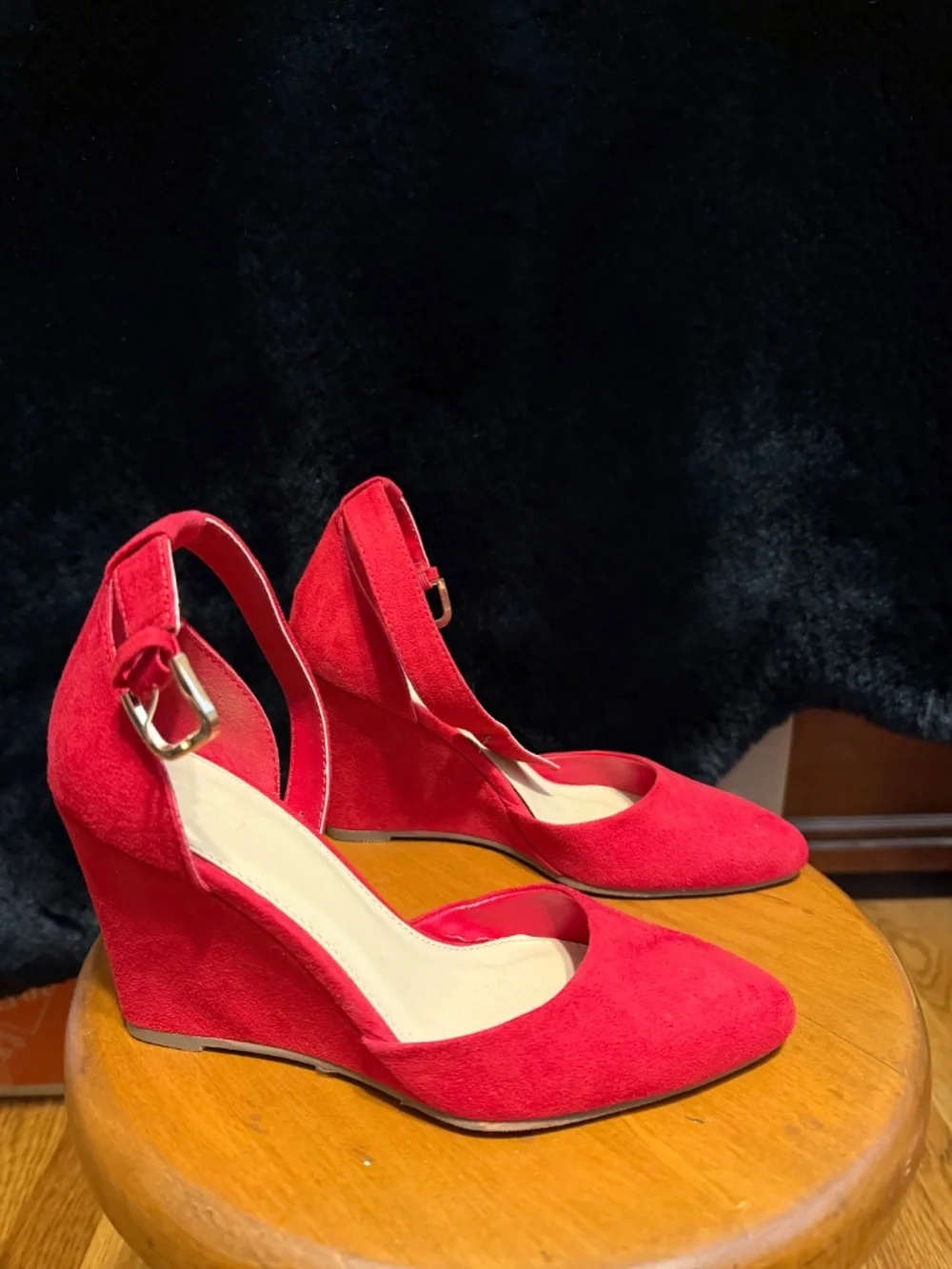 Red suede like ankle strap wedge